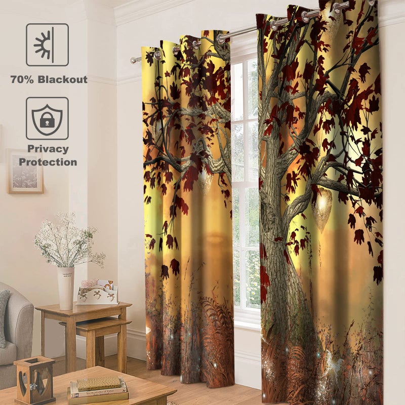 Jekeno Fall Tree Blackout Curtains Autumn Tree Room Decor Moonlight Butterfly Lantern Glittering Firefly Print Grommet Window Drape for Bedroom Living Room 2 Panel Set, 52"x84" - Image 4